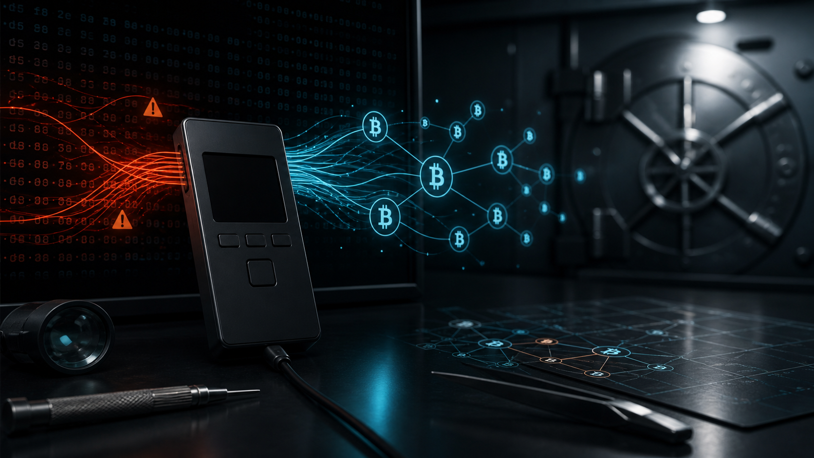 A hardware signing device beside a secure vault with exposed data moving into protected custody